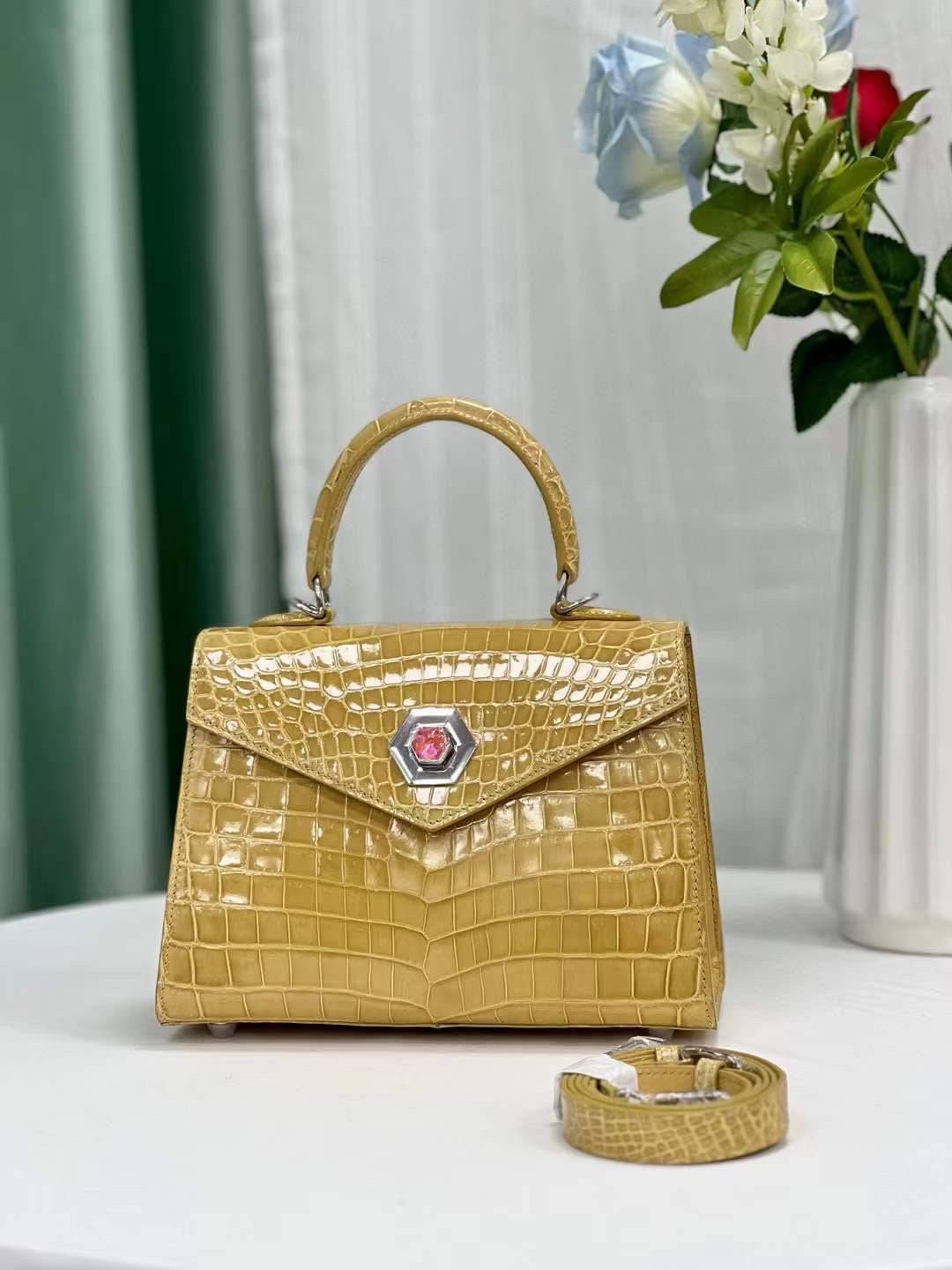 Womens Beige Shiny Crocodile Leather Top Handle Cross Body Bag