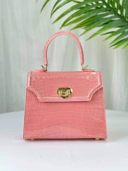 Womens Pale Rose Pink Shiny Crocodile Leather Top Handle Cross Body Bag