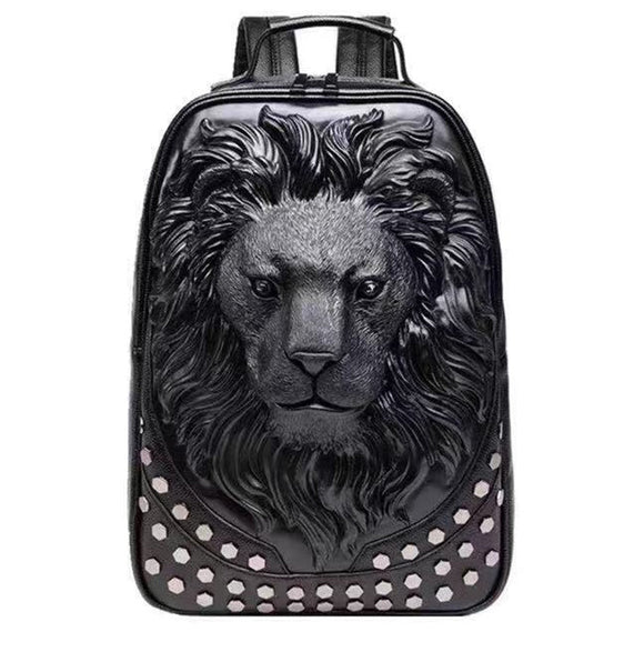 3D Lion Backpack Rockstud Flat PU Leather Soft Travel punk  Backpack Laptop School Bag