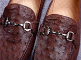 Genuine Ostrich Leather  Men's  Moc Toe Bit Loafer Retro Brown