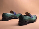 Green Men's Crocodile Leather Loafers,Slip-Ons Diving Shoes, Penny Loafers Shoes