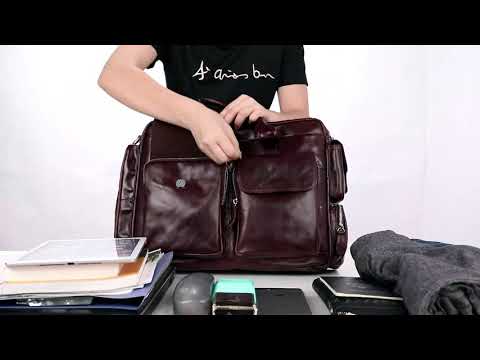 Men's Leather Briefcase Messenger Bag 14 Inch Laptop Shoulder Bag Large Volumn Business Briefcase With Trolley Belt