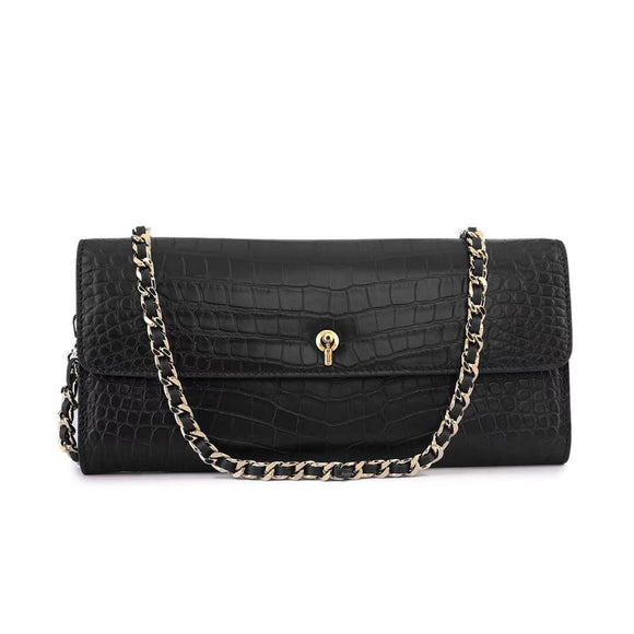 Women's Crocodile Leather  Pouches Chain Pouchette Clutch Bags Black